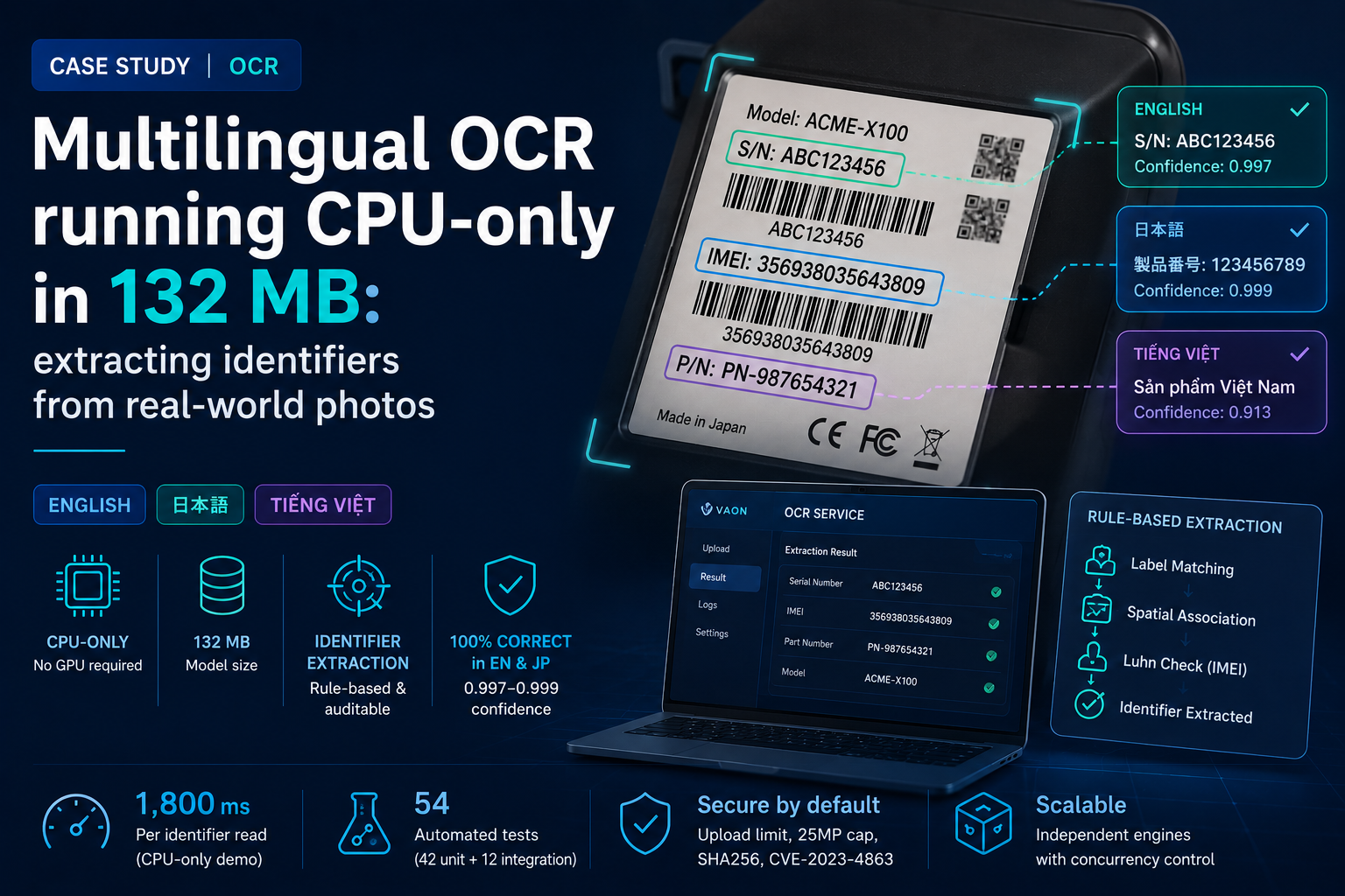 VAON Case Studies: Multilingual OCR running CPU-only in 132 MB: extracting identifiers from real-world photos